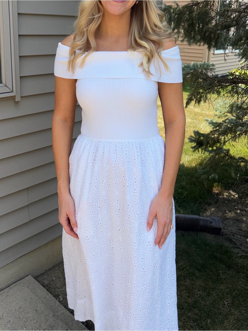 ASTR White Off-Shoulder Eyelet Midi Dress